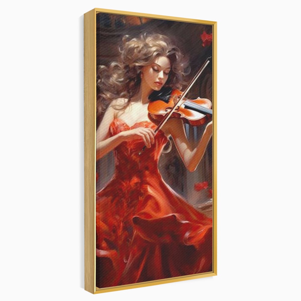 Tablou Canvas Premium LuxCanva® G1049, Rapsodie in Rosu , Vioara, Muzica, Eleganta, Muza, Pasiune, Rochie, Rosie, Living, Dormitor, Culori Vibrante