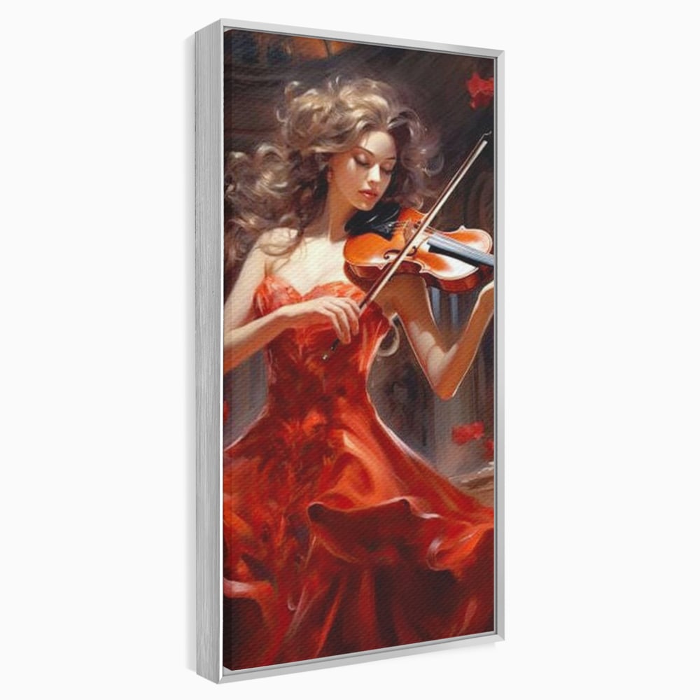 Tablou Canvas Premium LuxCanva® G1049, Rapsodie in Rosu , Vioara, Muzica, Eleganta, Muza, Pasiune, Rochie, Rosie, Living, Dormitor, Culori Vibrante