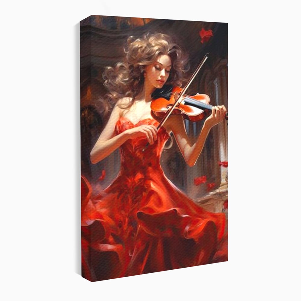 Tablou Canvas Premium LuxCanva® G1049, Rapsodie in Rosu , Vioara, Muzica, Eleganta, Muza, Pasiune, Rochie, Rosie, Living, Dormitor, Culori Vibrante
