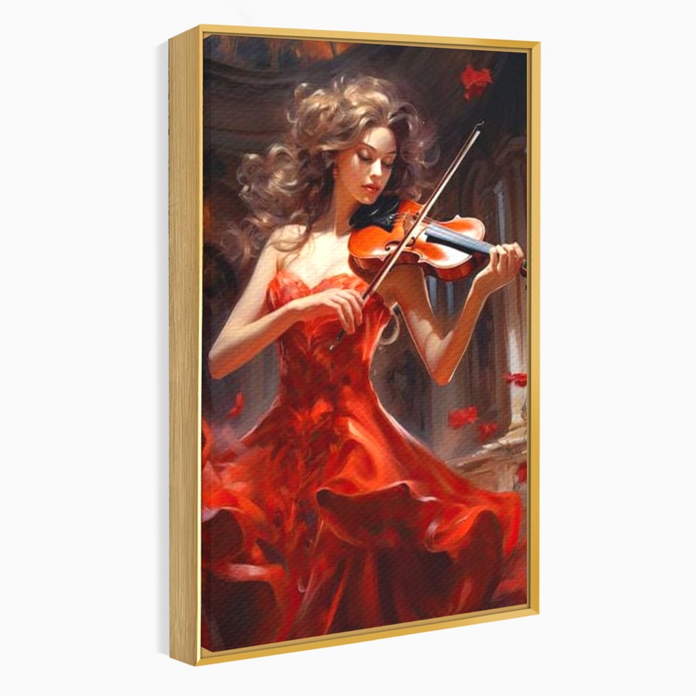 Tablou Canvas Premium LuxCanva® G1049, Rapsodie in Rosu , Vioara, Muzica, Eleganta, Muza, Pasiune, Rochie, Rosie, Living, Dormitor, Culori Vibrante