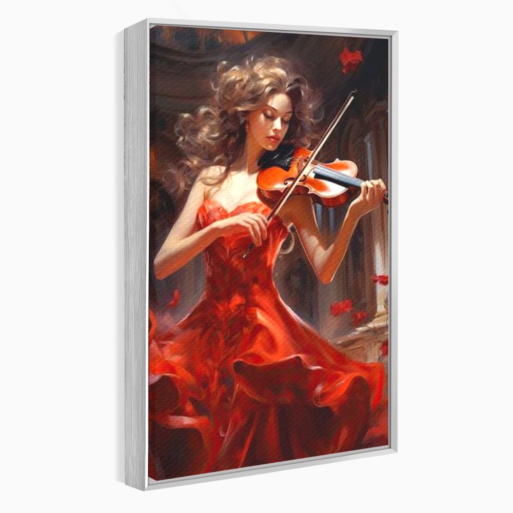 Tablou Canvas Premium LuxCanva® G1049, Rapsodie in Rosu , Vioara, Muzica, Eleganta, Muza, Pasiune, Rochie, Rosie, Living, Dormitor, Culori Vibrante