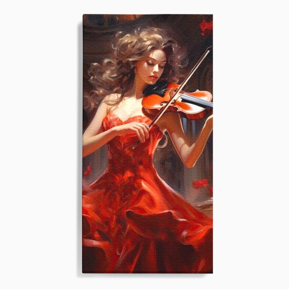 Tablou Canvas Premium LuxCanva® G1049, Rapsodie in Rosu , Vioara, Muzica, Eleganta, Muza, Pasiune, Rochie, Rosie, Living, Dormitor, Culori Vibrante