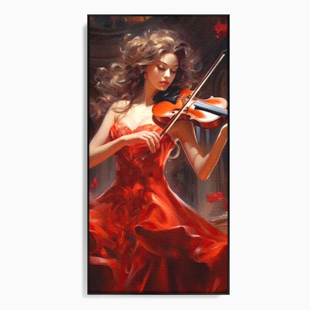 Tablou Canvas Premium LuxCanva® G1049, Rapsodie in Rosu , Vioara, Muzica, Eleganta, Muza, Pasiune, Rochie, Rosie, Living, Dormitor, Culori Vibrante