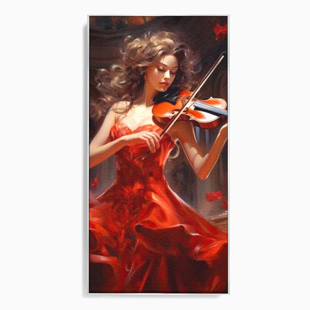 Tablou Canvas Premium LuxCanva® G1049, Rapsodie in Rosu , Vioara, Muzica, Eleganta, Muza, Pasiune, Rochie, Rosie, Living, Dormitor, Culori Vibrante