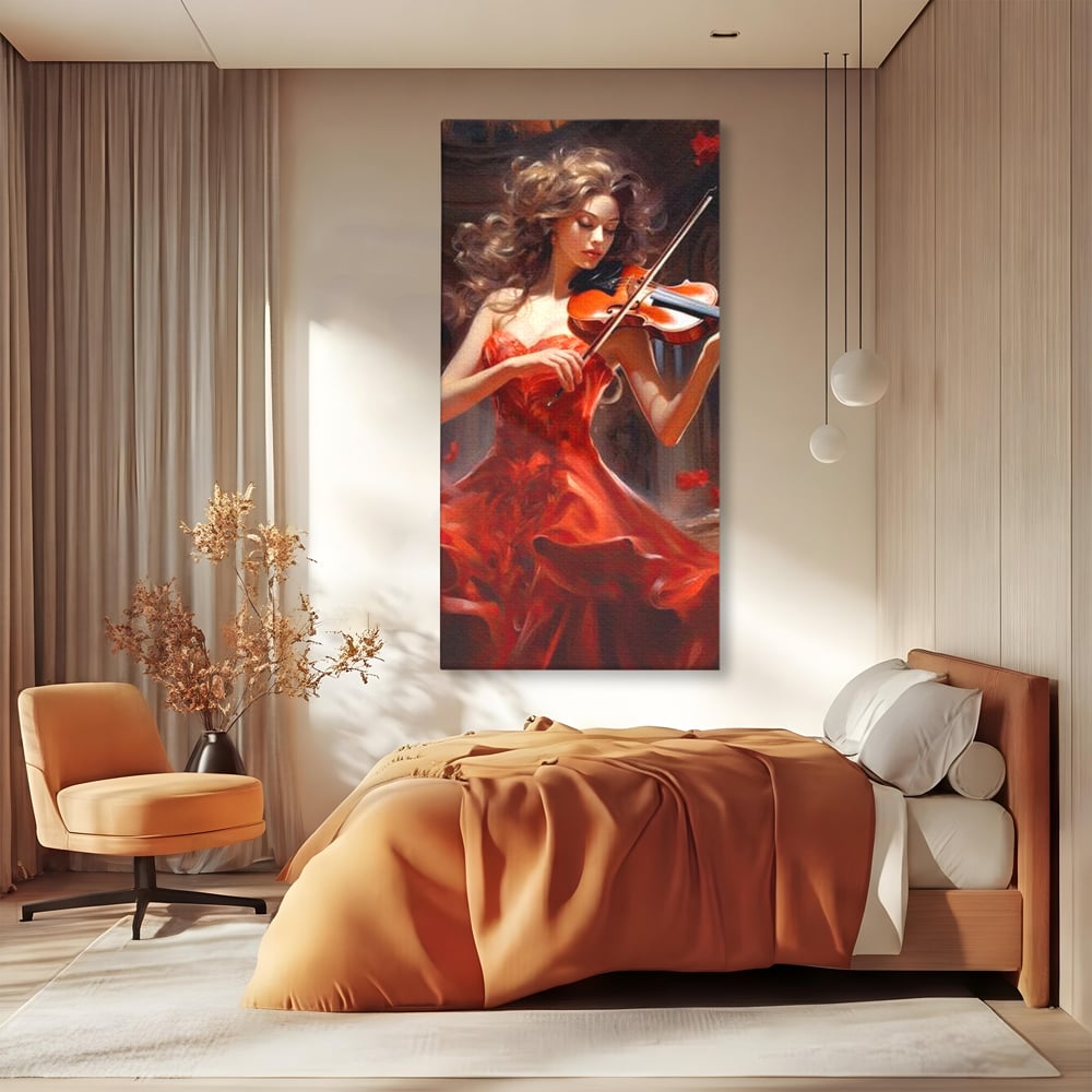 Tablou Canvas Premium LuxCanva® G1049, Rapsodie in Rosu , Vioara, Muzica, Eleganta, Muza, Pasiune, Rochie, Rosie, Living, Dormitor, Culori Vibrante