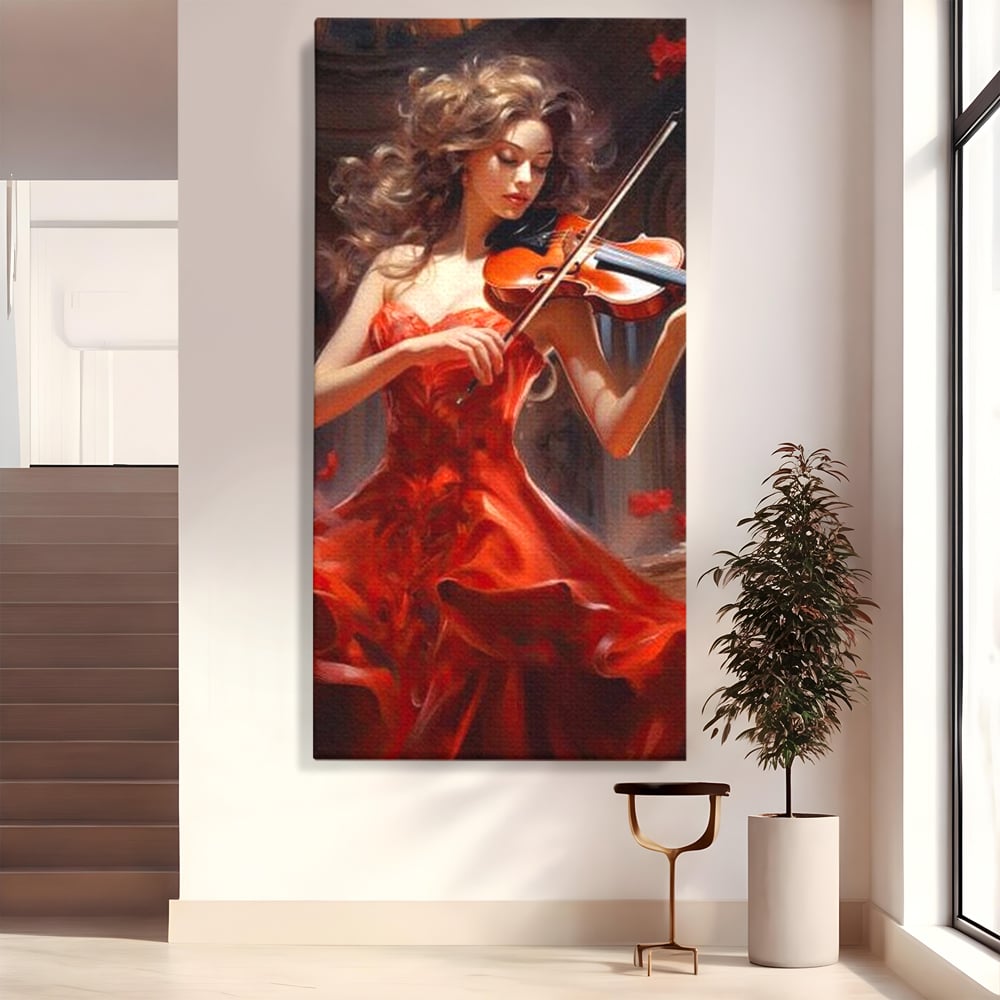 Tablou Canvas Premium LuxCanva® G1049, Rapsodie in Rosu , Vioara, Muzica, Eleganta, Muza, Pasiune, Rochie, Rosie, Living, Dormitor, Culori Vibrante