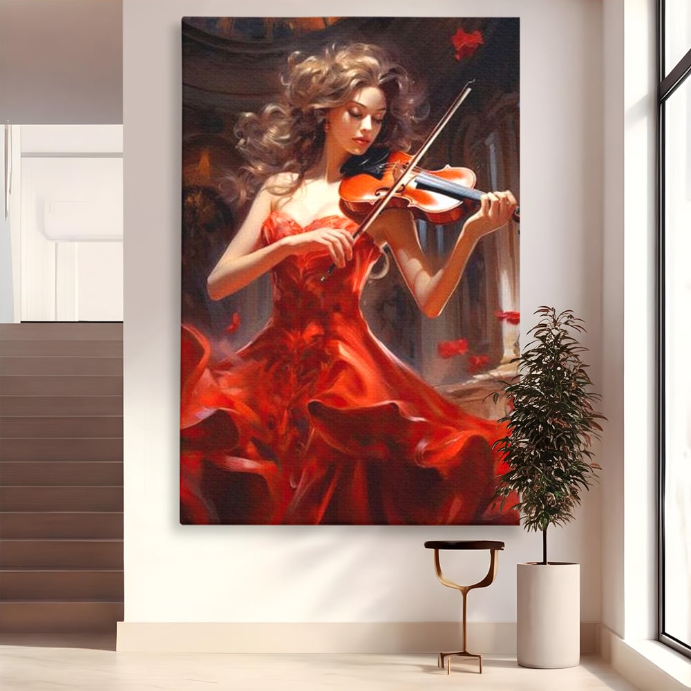 Tablou Canvas Premium LuxCanva® G1049, Rapsodie in Rosu , Vioara, Muzica, Eleganta, Muza, Pasiune, Rochie, Rosie, Living, Dormitor, Culori Vibrante