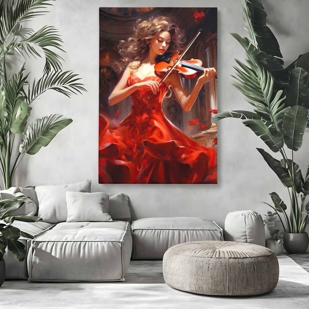 Tablou Canvas Premium LuxCanva® G1049, Rapsodie in Rosu , Vioara, Muzica, Eleganta, Muza, Pasiune, Rochie, Rosie, Living, Dormitor, Culori Vibrante