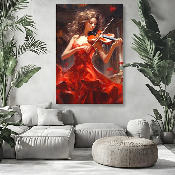 Tablou Canvas Premium LuxCanva® G1049, Rapsodie in Rosu , Vioara, Muzica, Eleganta, Muza, Pasiune, Rochie, Rosie, Living, Dormitor, Culori Vibrante