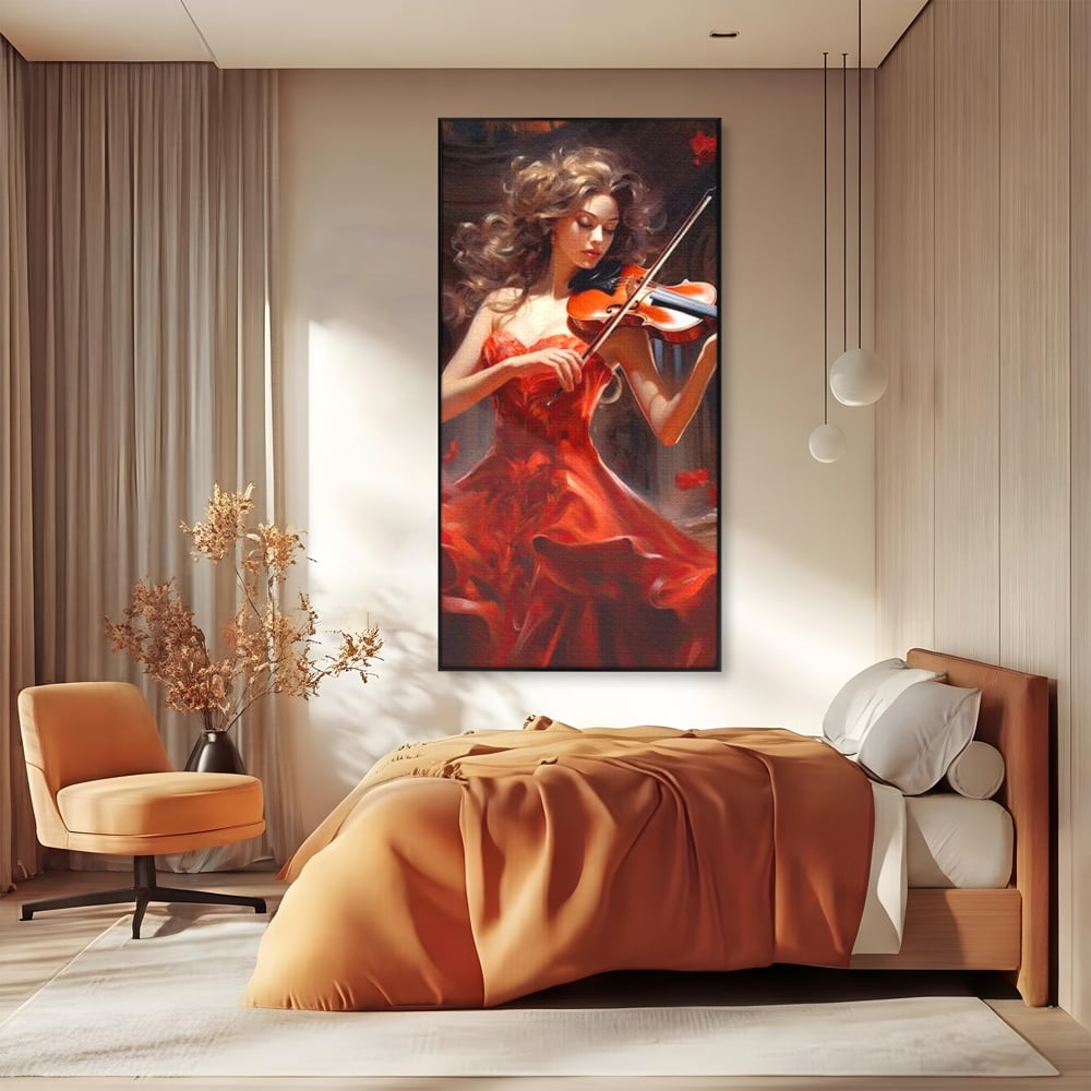 Tablou Canvas Premium LuxCanva® G1049, Rapsodie in Rosu , Vioara, Muzica, Eleganta, Muza, Pasiune, Rochie, Rosie, Living, Dormitor, Culori Vibrante