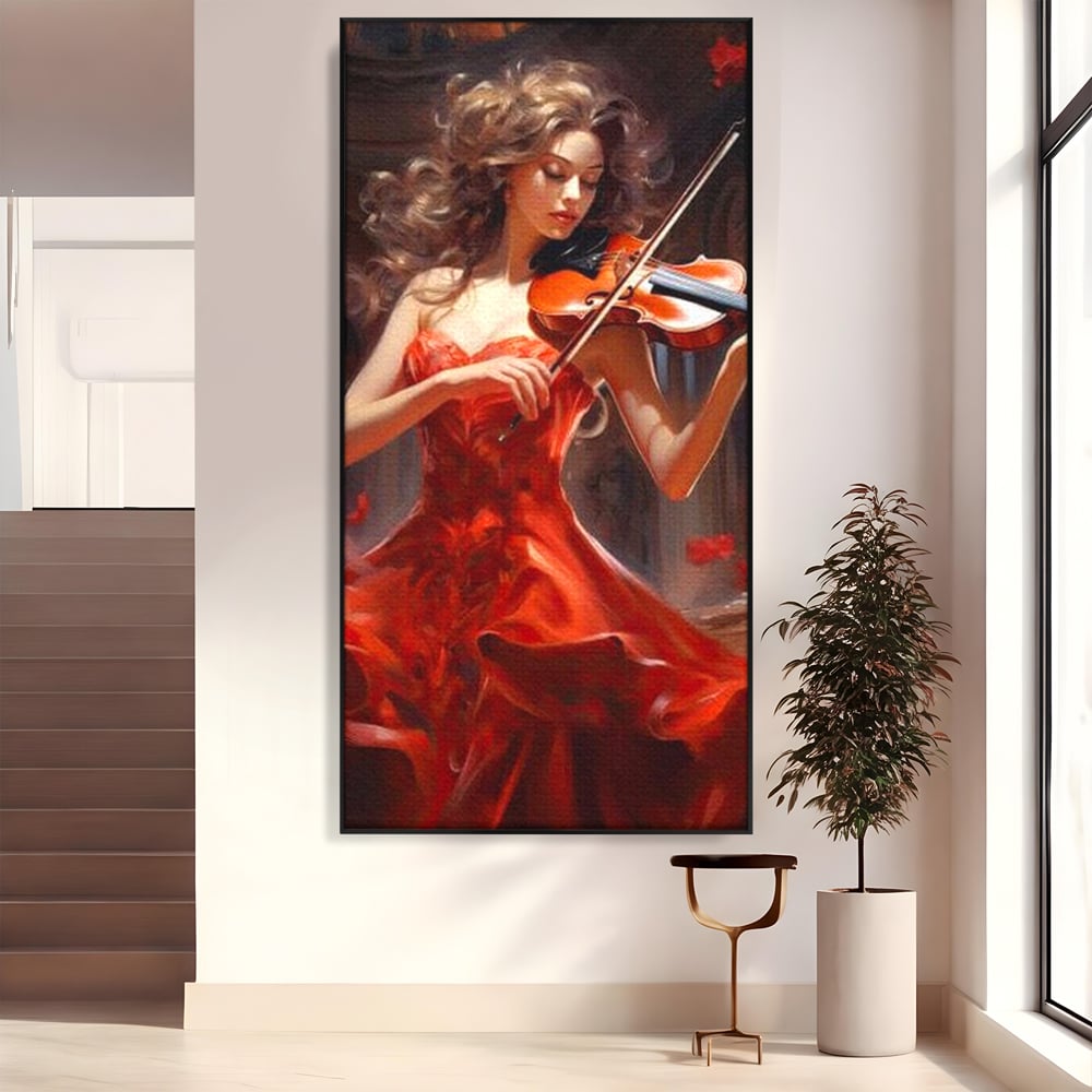 Tablou Canvas Premium LuxCanva® G1049, Rapsodie in Rosu , Vioara, Muzica, Eleganta, Muza, Pasiune, Rochie, Rosie, Living, Dormitor, Culori Vibrante