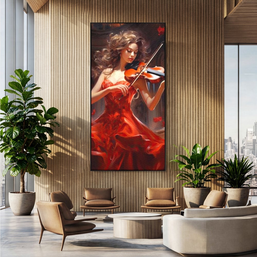 Tablou Canvas Premium LuxCanva® G1049, Rapsodie in Rosu , Vioara, Muzica, Eleganta, Muza, Pasiune, Rochie, Rosie, Living, Dormitor, Culori Vibrante