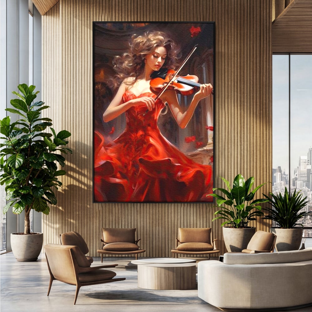 Tablou Canvas Premium LuxCanva® G1049, Rapsodie in Rosu , Vioara, Muzica, Eleganta, Muza, Pasiune, Rochie, Rosie, Living, Dormitor, Culori Vibrante