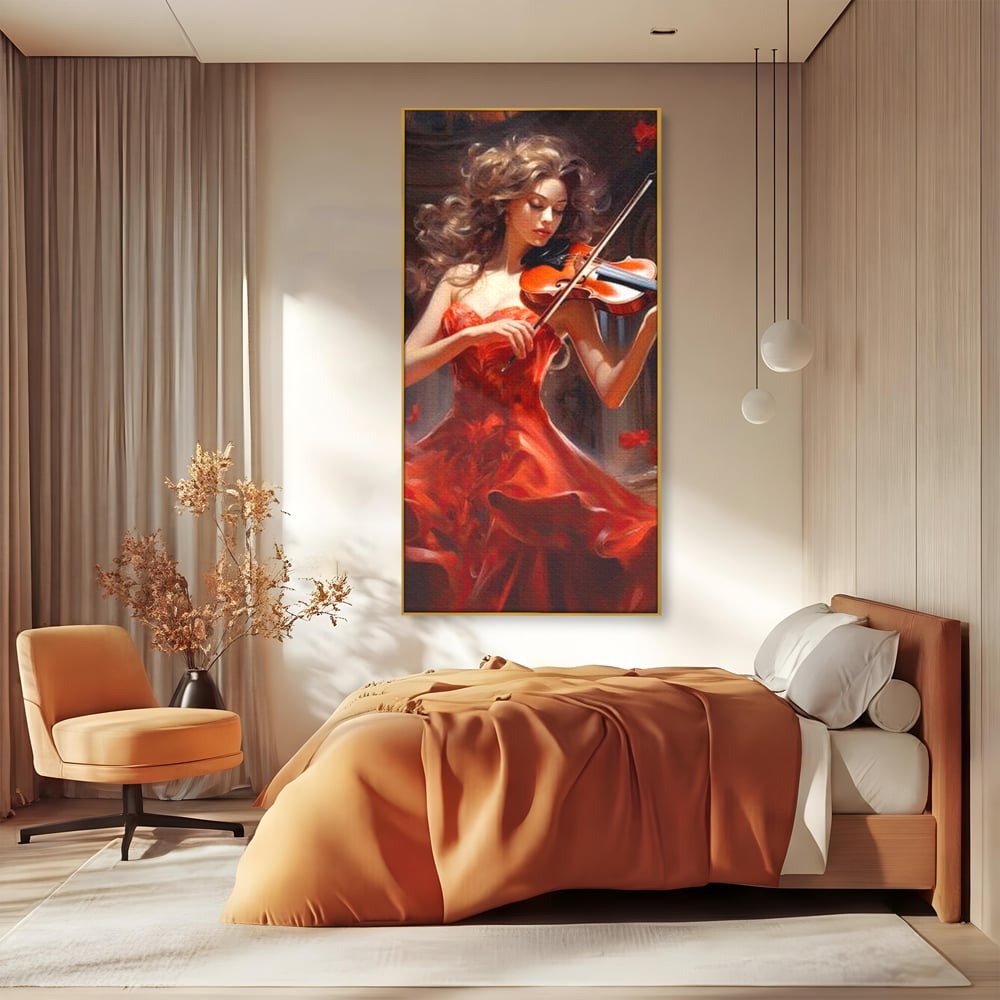 Tablou Canvas Premium LuxCanva® G1049, Rapsodie in Rosu , Vioara, Muzica, Eleganta, Muza, Pasiune, Rochie, Rosie, Living, Dormitor, Culori Vibrante