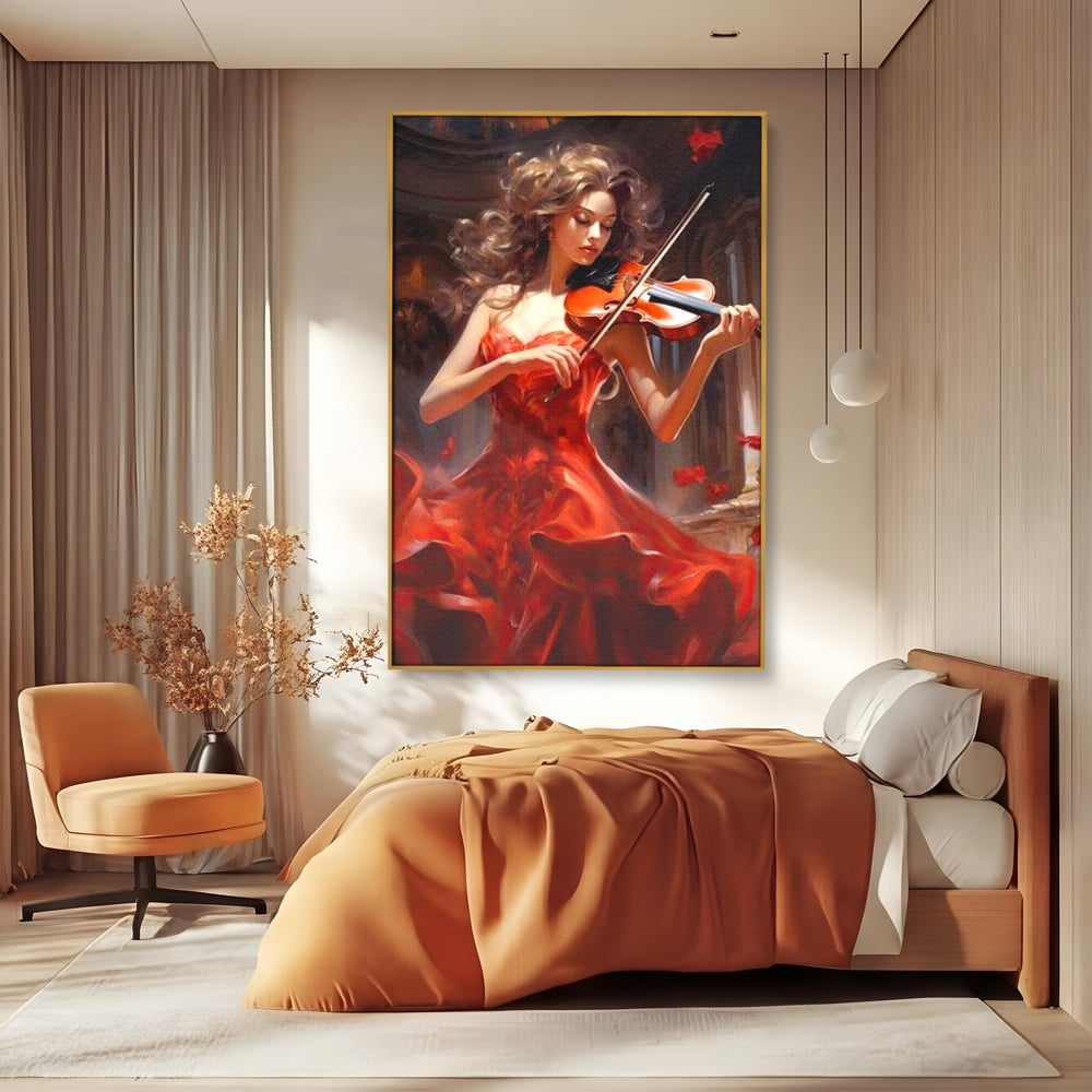 Tablou Canvas Premium LuxCanva® G1049, Rapsodie in Rosu , Vioara, Muzica, Eleganta, Muza, Pasiune, Rochie, Rosie, Living, Dormitor, Culori Vibrante