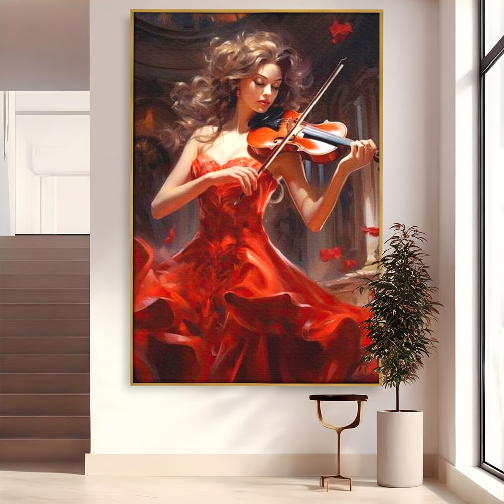 Tablou Canvas Premium LuxCanva® G1049, Rapsodie in Rosu , Vioara, Muzica, Eleganta, Muza, Pasiune, Rochie, Rosie, Living, Dormitor, Culori Vibrante