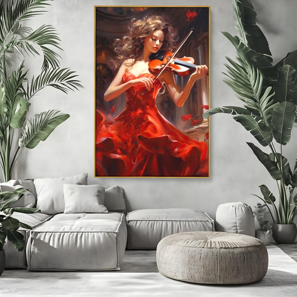 Tablou Canvas Premium LuxCanva® G1049, Rapsodie in Rosu , Vioara, Muzica, Eleganta, Muza, Pasiune, Rochie, Rosie, Living, Dormitor, Culori Vibrante