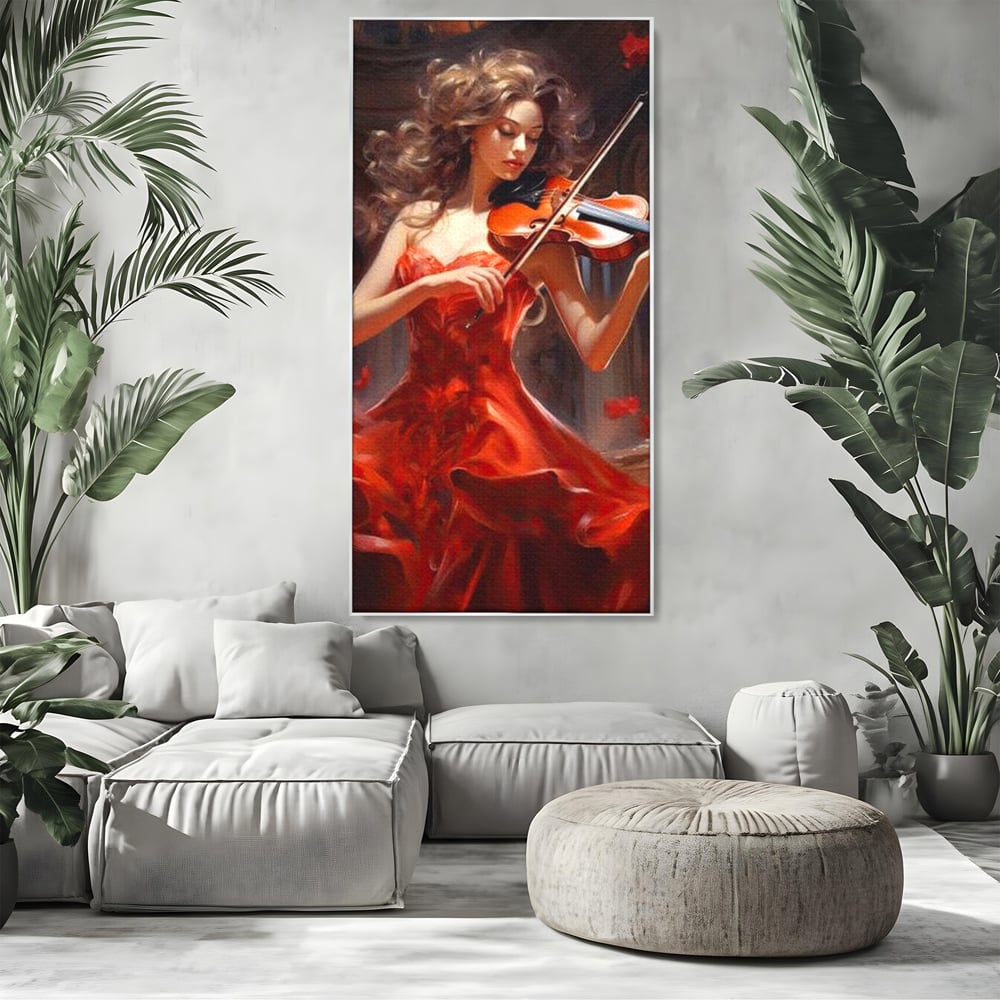 Tablou Canvas Premium LuxCanva® G1049, Rapsodie in Rosu , Vioara, Muzica, Eleganta, Muza, Pasiune, Rochie, Rosie, Living, Dormitor, Culori Vibrante