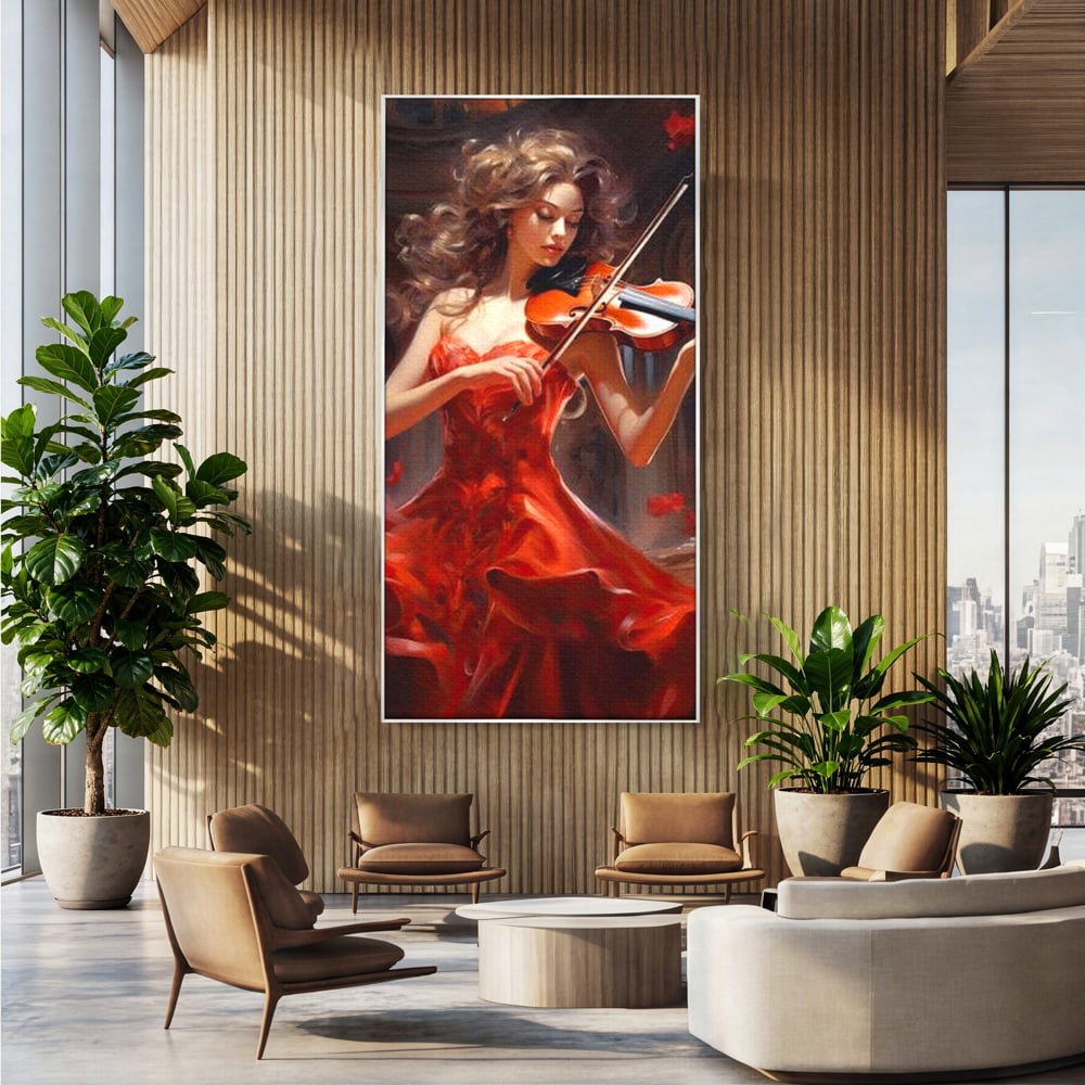 Tablou Canvas Premium LuxCanva® G1049, Rapsodie in Rosu , Vioara, Muzica, Eleganta, Muza, Pasiune, Rochie, Rosie, Living, Dormitor, Culori Vibrante