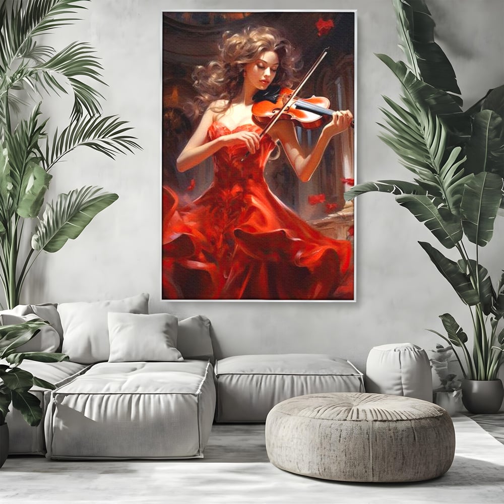 Tablou Canvas Premium LuxCanva® G1049, Rapsodie in Rosu , Vioara, Muzica, Eleganta, Muza, Pasiune, Rochie, Rosie, Living, Dormitor, Culori Vibrante