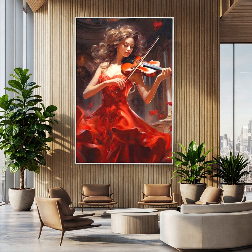 Tablou Canvas Premium LuxCanva® G1049, Rapsodie in Rosu , Vioara, Muzica, Eleganta, Muza, Pasiune, Rochie, Rosie, Living, Dormitor, Culori Vibrante