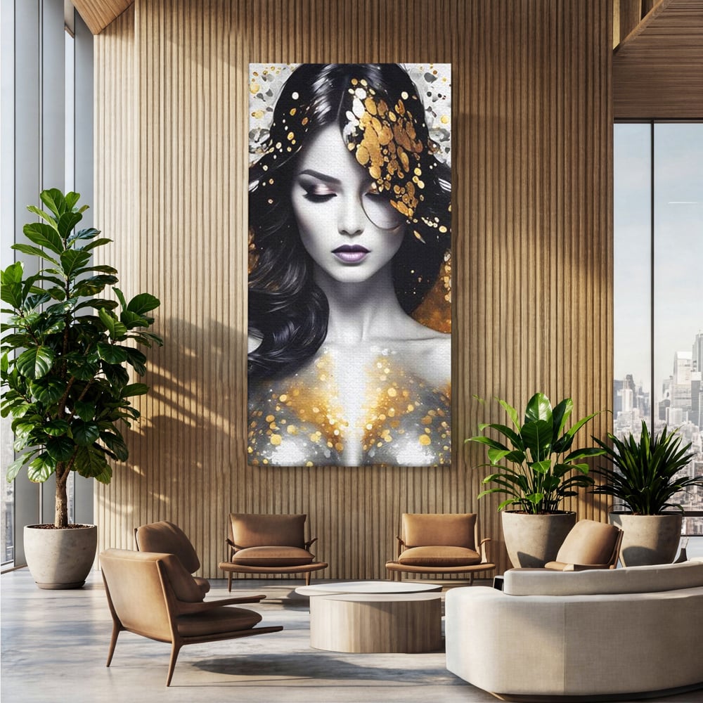 Tablou Canvas Premium LuxCanva® G1062, Un Chip de Inger , Aur, Timiditate, Luxury, Rafinament, Picaturi, Vernisaj, Glamour, Living, Dormitor