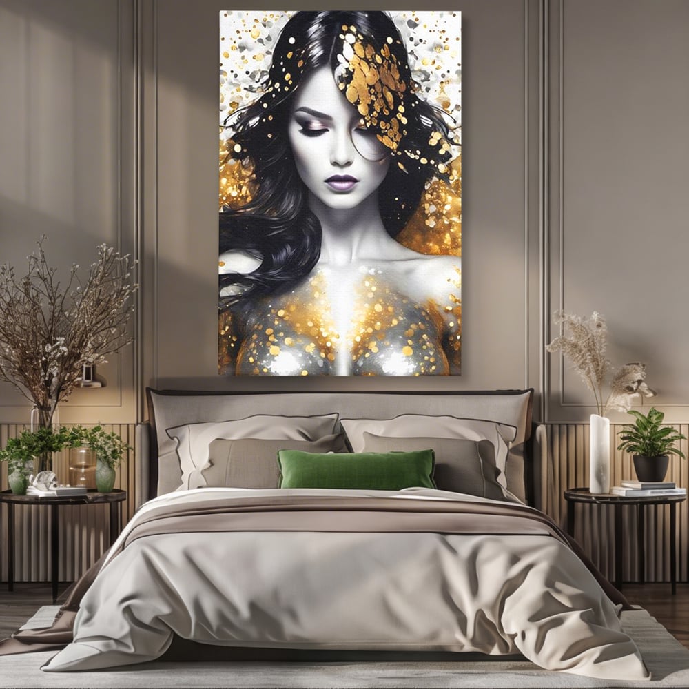 Tablou Canvas Premium LuxCanva® G1062, Un Chip de Inger , Aur, Timiditate, Luxury, Rafinament, Picaturi, Vernisaj, Glamour, Living, Dormitor