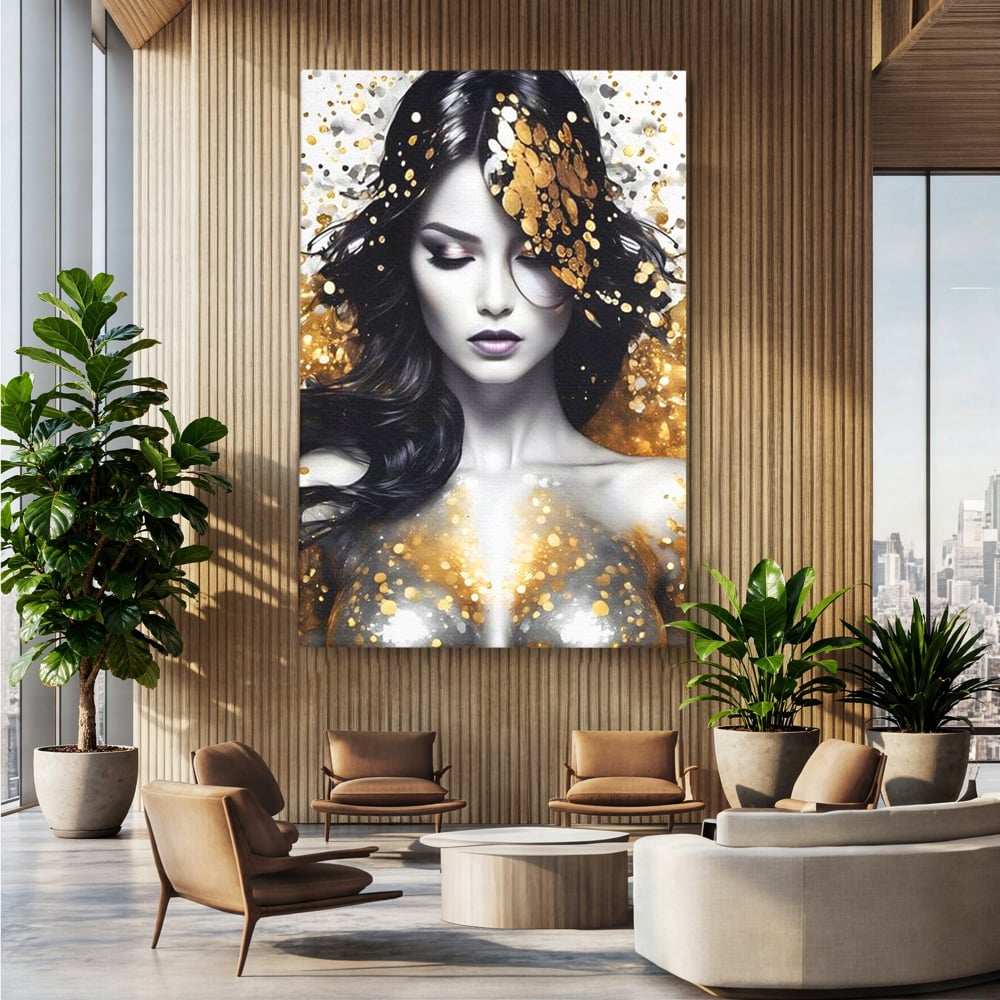Tablou Canvas Premium LuxCanva® G1062, Un Chip de Inger , Aur, Timiditate, Luxury, Rafinament, Picaturi, Vernisaj, Glamour, Living, Dormitor
