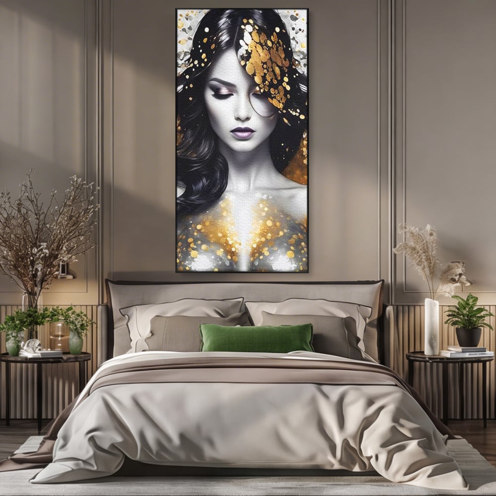 Tablou Canvas Premium LuxCanva® G1062, Un Chip de Inger , Aur, Timiditate, Luxury, Rafinament, Picaturi, Vernisaj, Glamour, Living, Dormitor