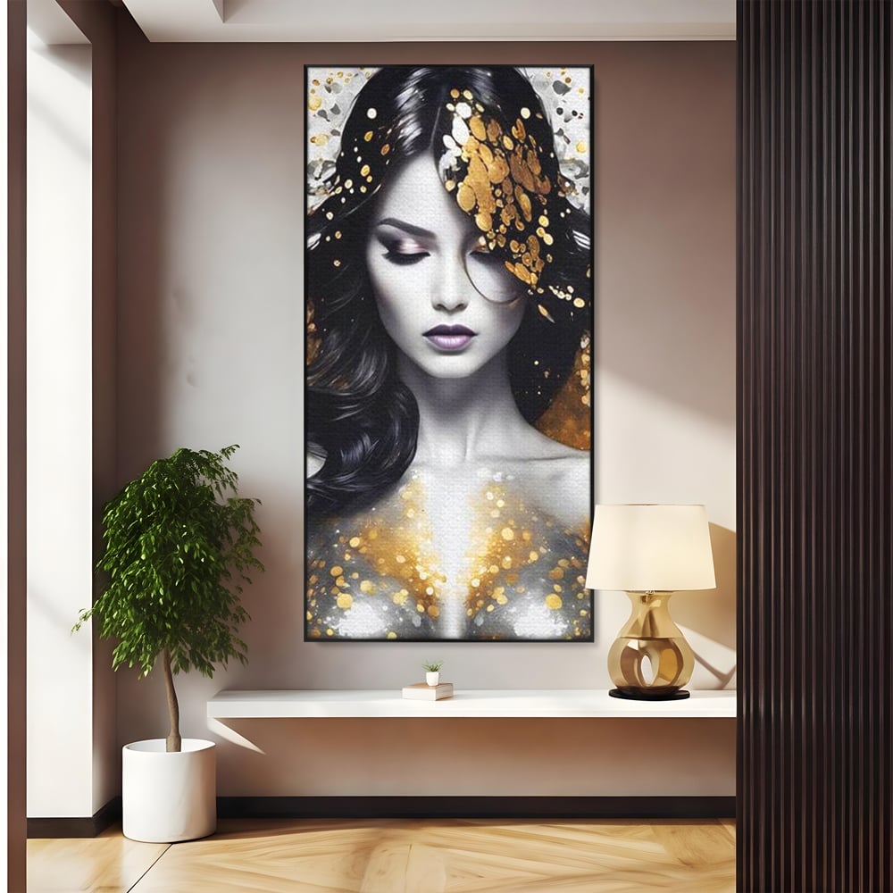Tablou Canvas Premium LuxCanva® G1062, Un Chip de Inger , Aur, Timiditate, Luxury, Rafinament, Picaturi, Vernisaj, Glamour, Living, Dormitor