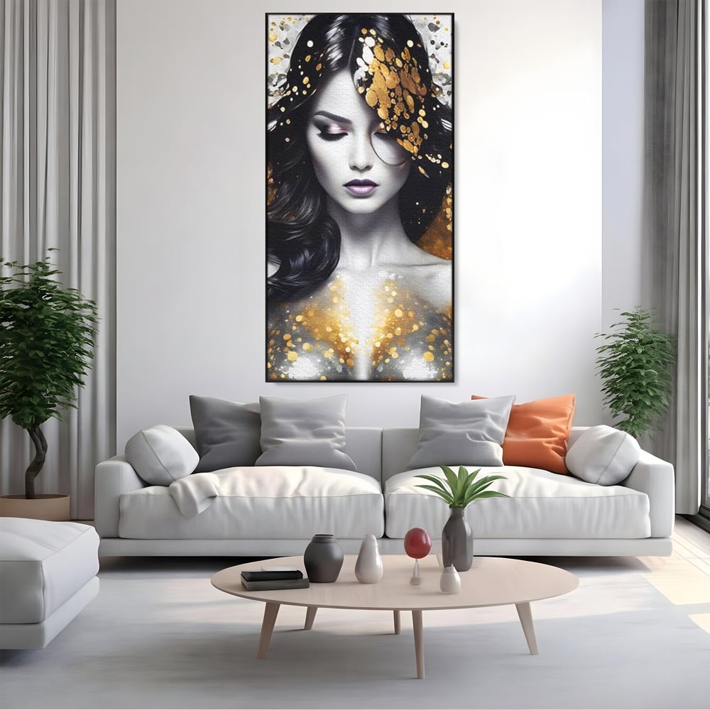 Tablou Canvas Premium LuxCanva® G1062, Un Chip de Inger , Aur, Timiditate, Luxury, Rafinament, Picaturi, Vernisaj, Glamour, Living, Dormitor
