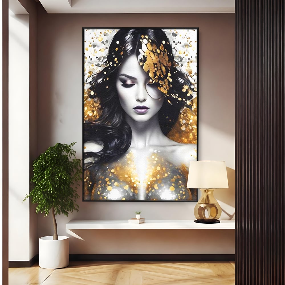 Tablou Canvas Premium LuxCanva® G1062, Un Chip de Inger , Aur, Timiditate, Luxury, Rafinament, Picaturi, Vernisaj, Glamour, Living, Dormitor