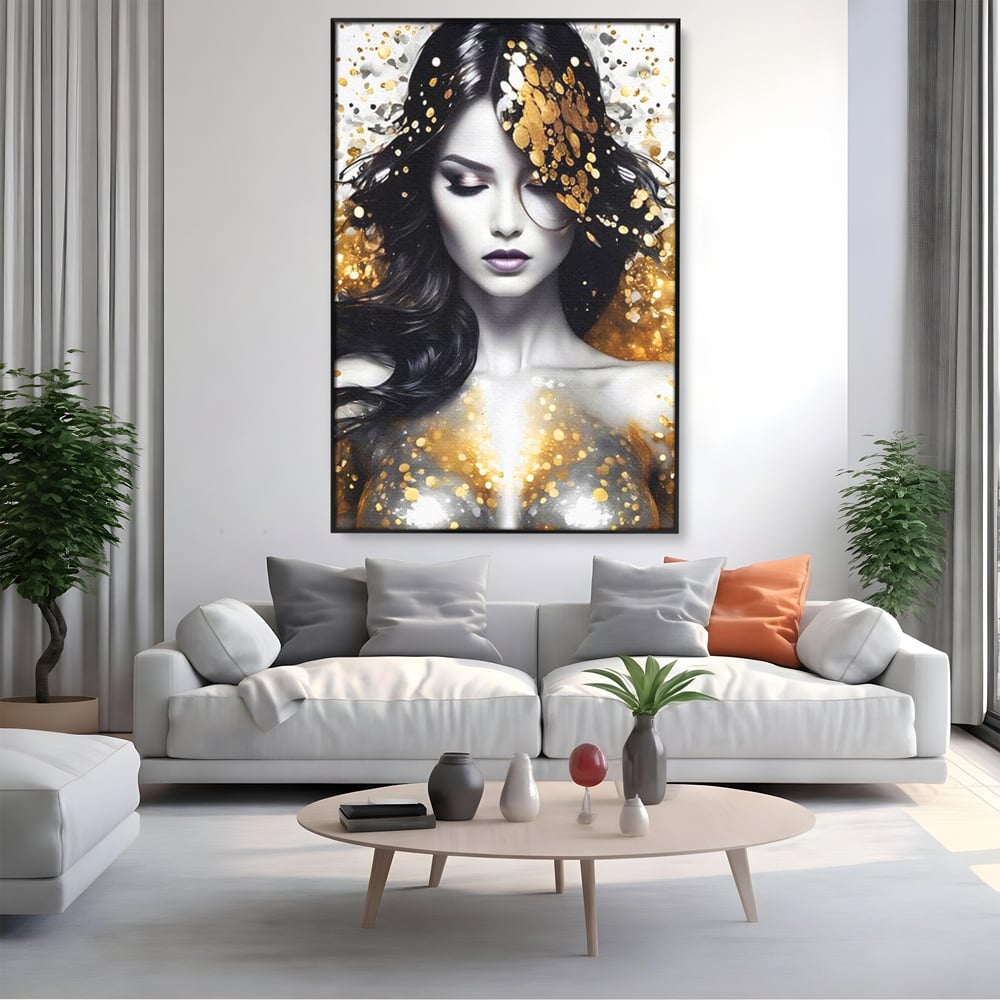 Tablou Canvas Premium LuxCanva® G1062, Un Chip de Inger , Aur, Timiditate, Luxury, Rafinament, Picaturi, Vernisaj, Glamour, Living, Dormitor