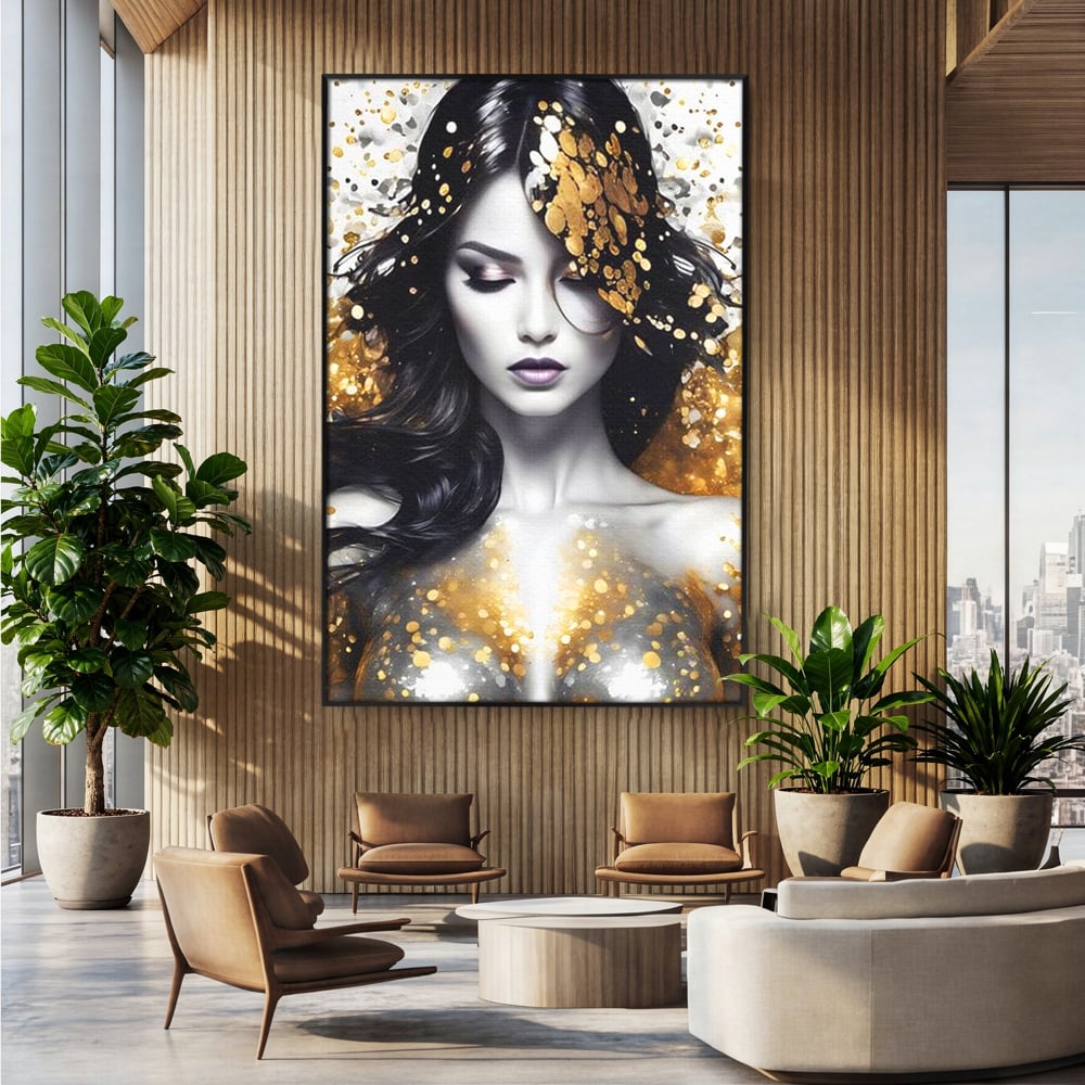 Tablou Canvas Premium LuxCanva® G1062, Un Chip de Inger , Aur, Timiditate, Luxury, Rafinament, Picaturi, Vernisaj, Glamour, Living, Dormitor