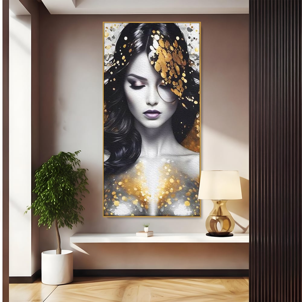 Tablou Canvas Premium LuxCanva® G1062, Un Chip de Inger , Aur, Timiditate, Luxury, Rafinament, Picaturi, Vernisaj, Glamour, Living, Dormitor