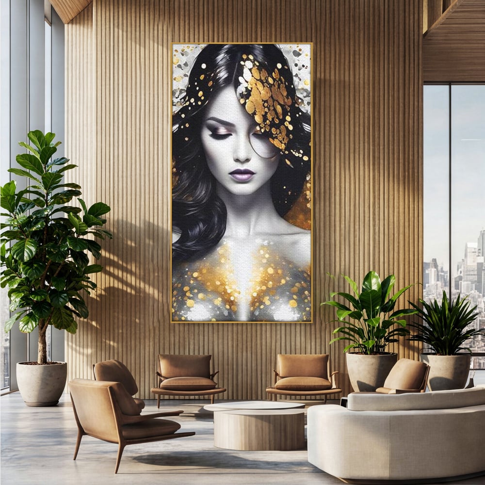 Tablou Canvas Premium LuxCanva® G1062, Un Chip de Inger , Aur, Timiditate, Luxury, Rafinament, Picaturi, Vernisaj, Glamour, Living, Dormitor