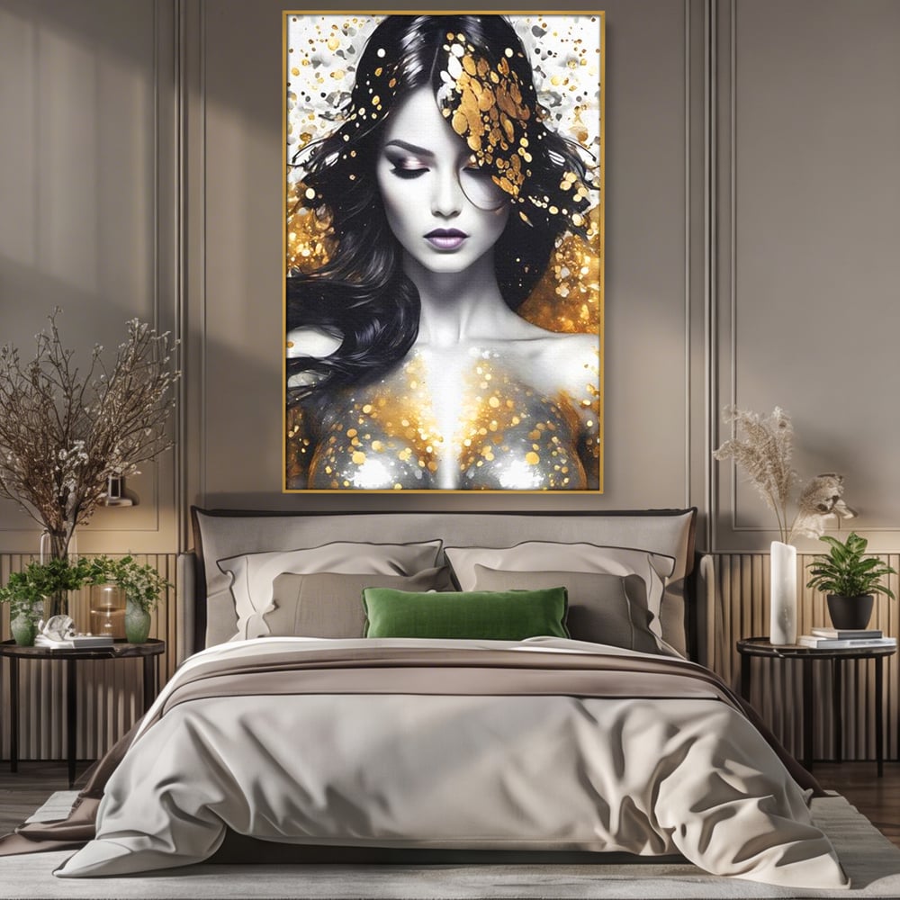 Tablou Canvas Premium LuxCanva® G1062, Un Chip de Inger , Aur, Timiditate, Luxury, Rafinament, Picaturi, Vernisaj, Glamour, Living, Dormitor