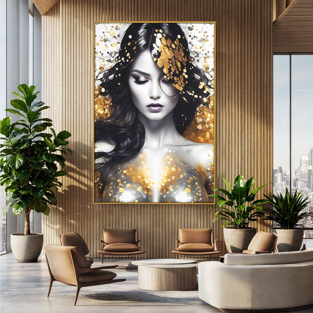 Tablou Canvas Premium LuxCanva® G1062, Un Chip de Inger , Aur, Timiditate, Luxury, Rafinament, Picaturi, Vernisaj, Glamour, Living, Dormitor