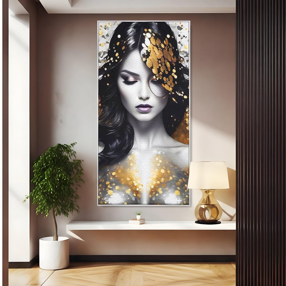 Tablou Canvas Premium LuxCanva® G1062, Un Chip de Inger , Aur, Timiditate, Luxury, Rafinament, Picaturi, Vernisaj, Glamour, Living, Dormitor