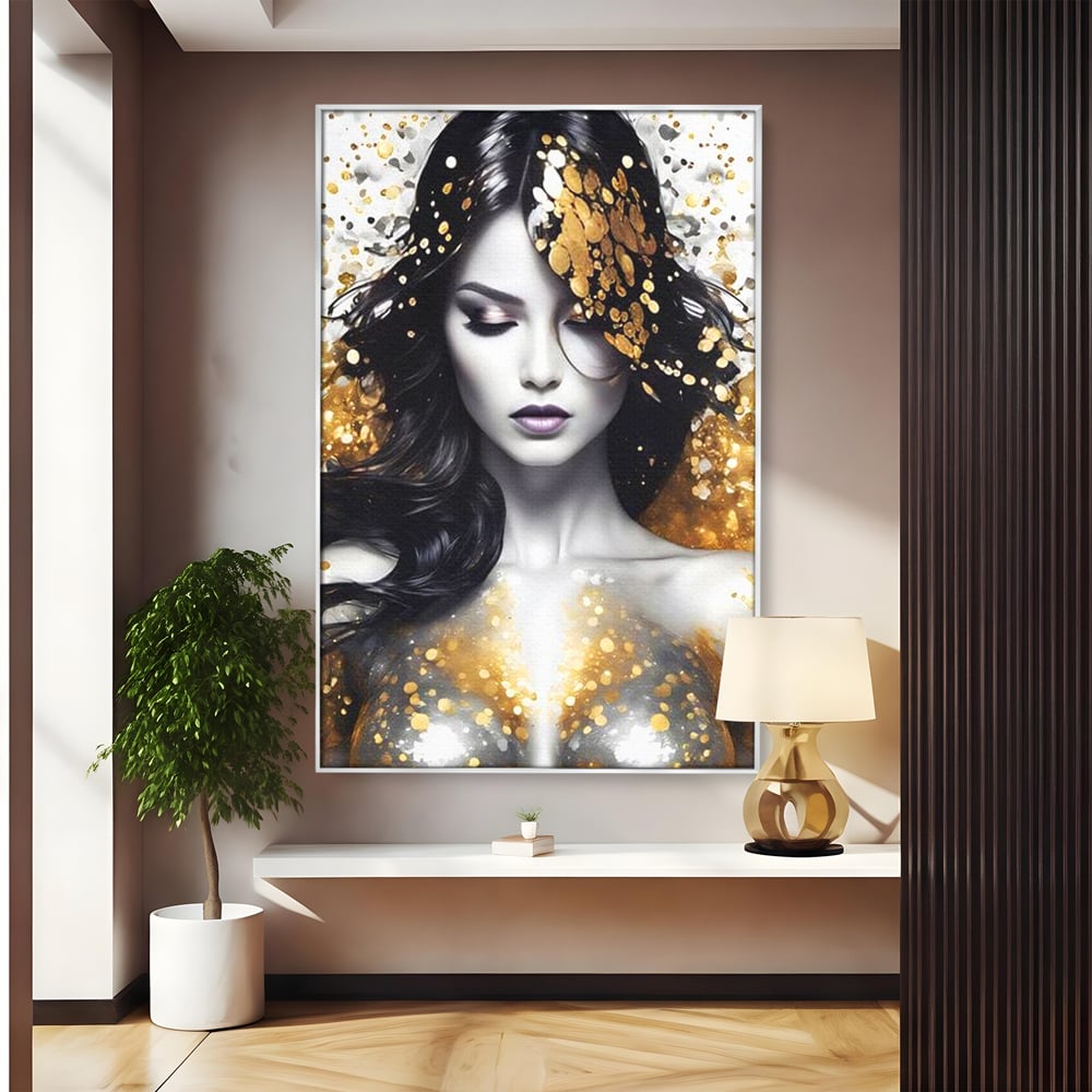 Tablou Canvas Premium LuxCanva® G1062, Un Chip de Inger , Aur, Timiditate, Luxury, Rafinament, Picaturi, Vernisaj, Glamour, Living, Dormitor
