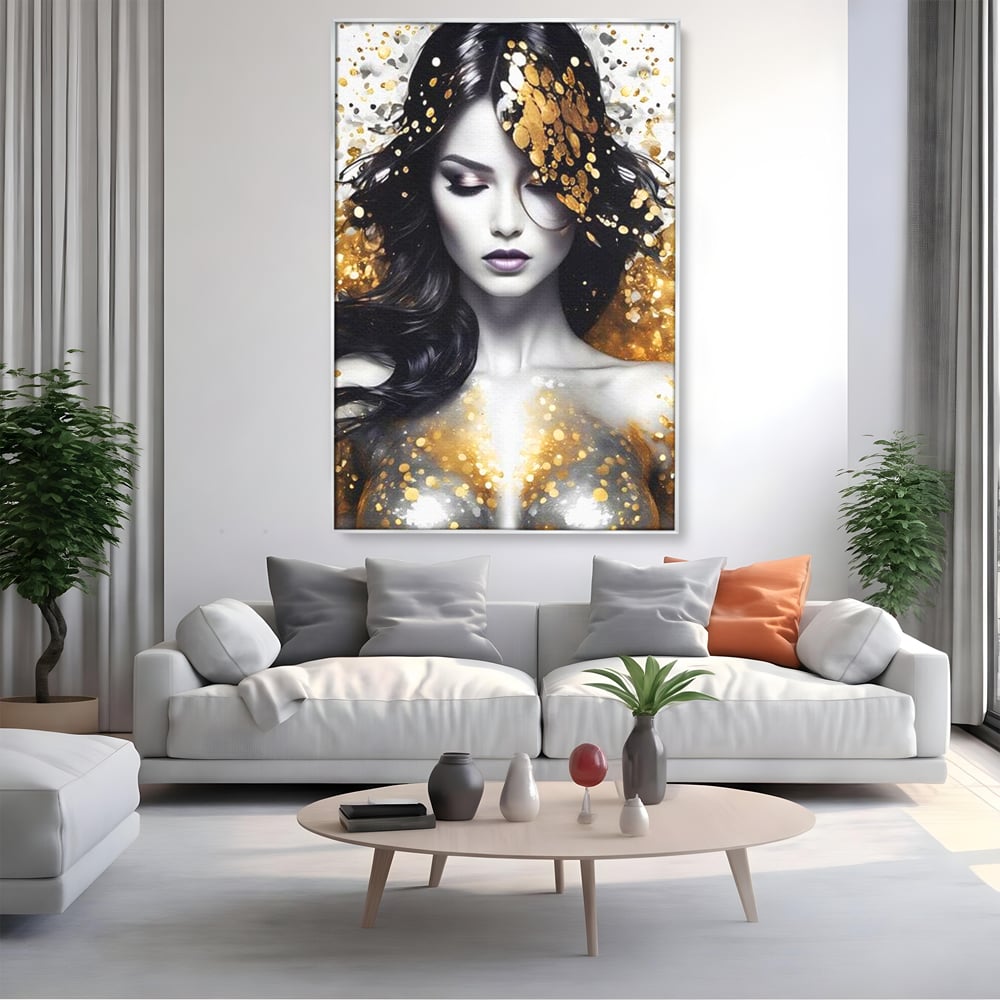 Tablou Canvas Premium LuxCanva® G1062, Un Chip de Inger , Aur, Timiditate, Luxury, Rafinament, Picaturi, Vernisaj, Glamour, Living, Dormitor