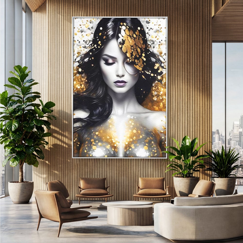 Tablou Canvas Premium LuxCanva® G1062, Un Chip de Inger , Aur, Timiditate, Luxury, Rafinament, Picaturi, Vernisaj, Glamour, Living, Dormitor