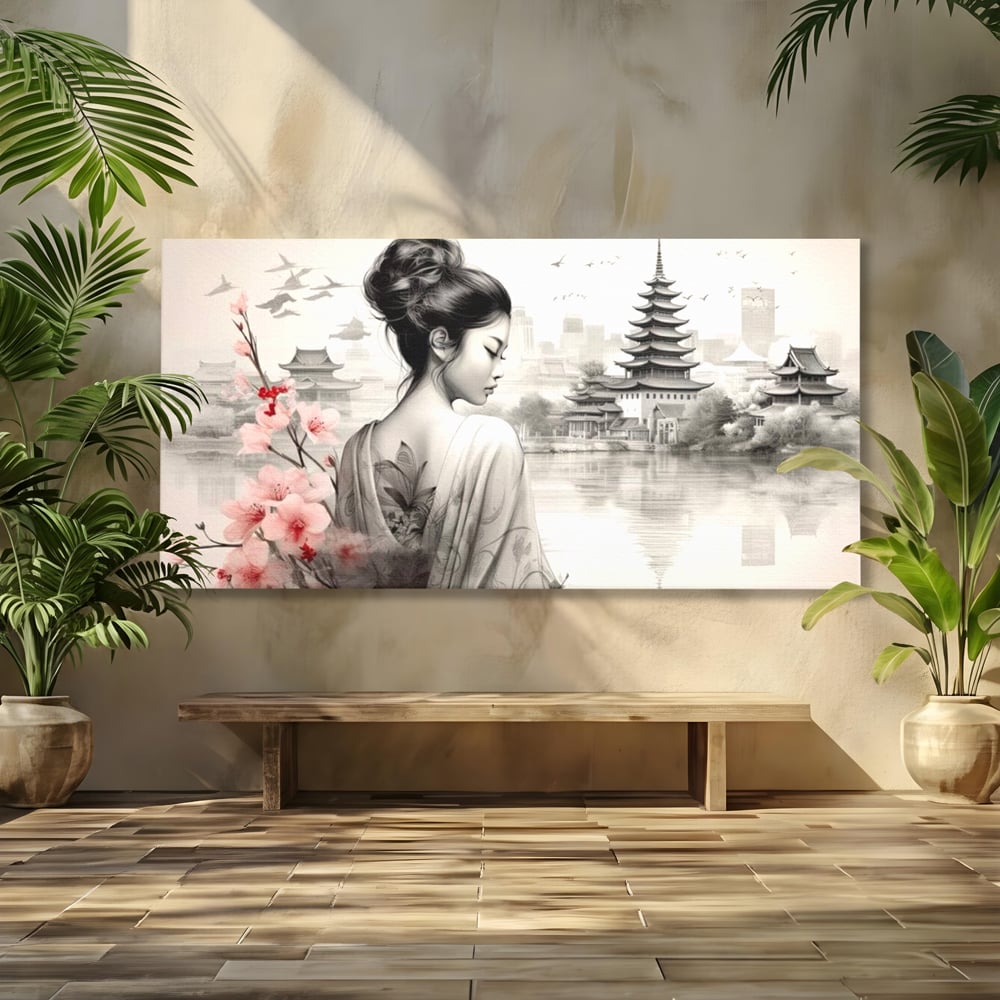 Tablou Canvas Premium LuxCanva® G1063, Memoriile Unei Gheise , Sakura, Tatuaj, Kyoto, Japonia, Frumusete, Trandafiri, Memorii, Living, Dormitor