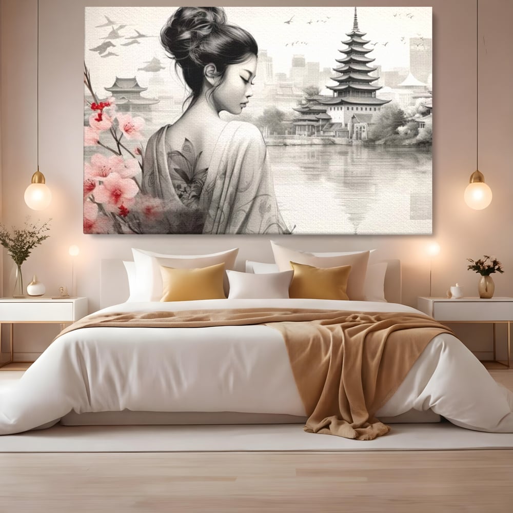Tablou Canvas Premium LuxCanva® G1063, Memoriile Unei Gheise , Sakura, Tatuaj, Kyoto, Japonia, Frumusete, Trandafiri, Memorii, Living, Dormitor