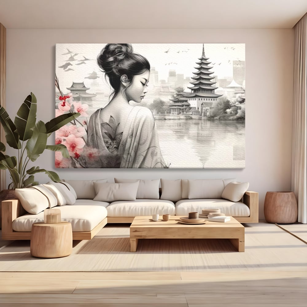 Tablou Canvas Premium LuxCanva® G1063, Memoriile Unei Gheise , Sakura, Tatuaj, Kyoto, Japonia, Frumusete, Trandafiri, Memorii, Living, Dormitor