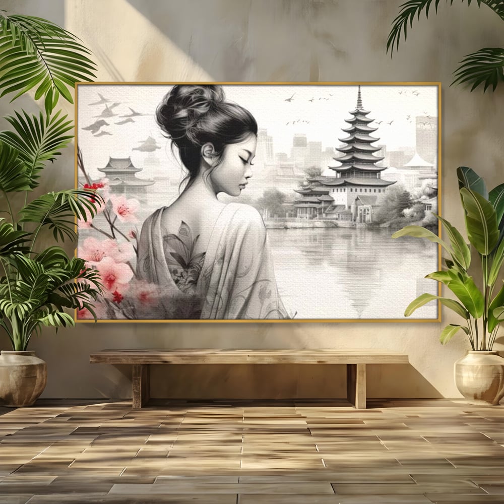 Tablou Canvas Premium LuxCanva® G1063, Memoriile Unei Gheise , Sakura, Tatuaj, Kyoto, Japonia, Frumusete, Trandafiri, Memorii, Living, Dormitor