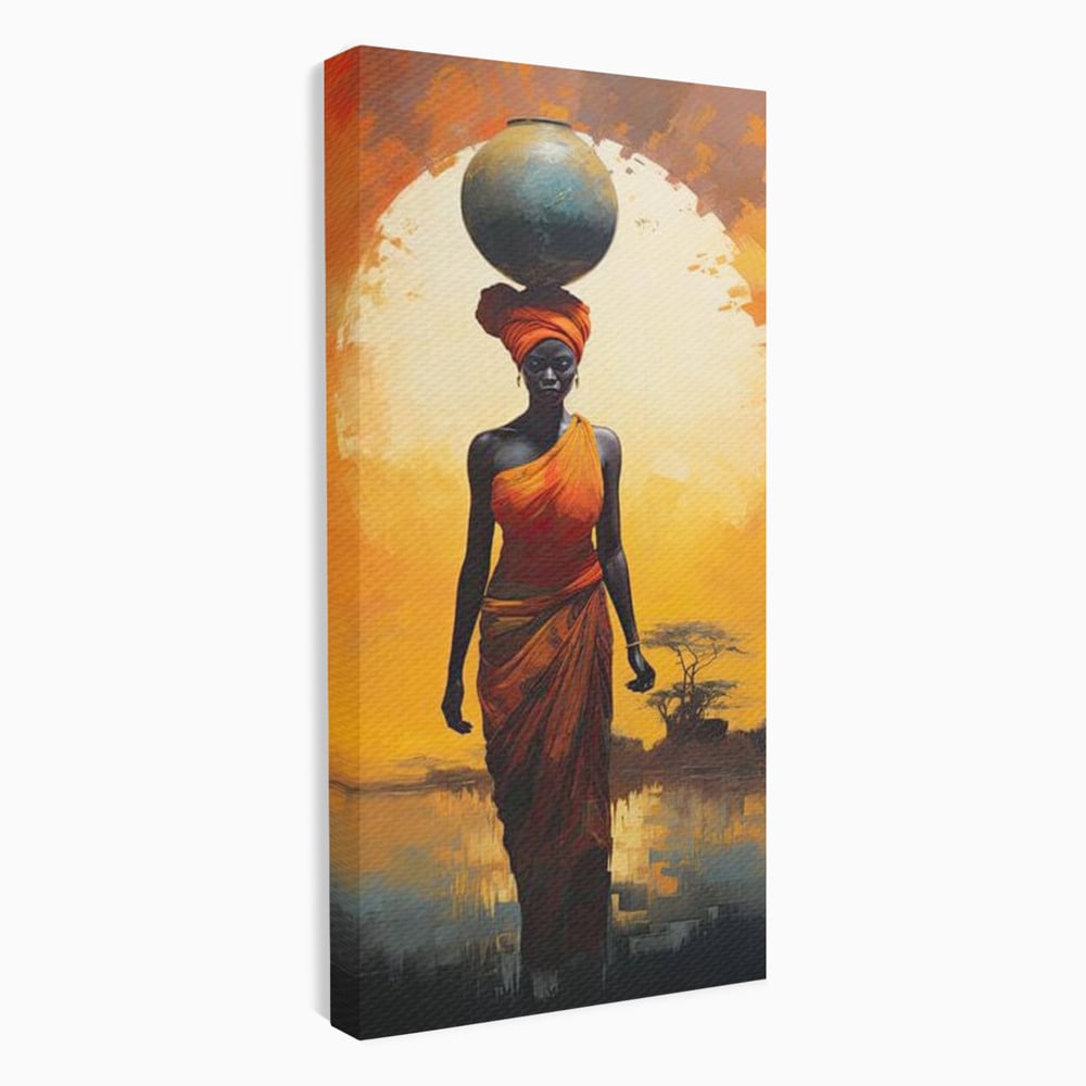 Leinwandbilder Premium LuxCanva® G1064, Unter der afrikanischen Sonne, Anmut, Stärke, Straße, Sonnenuntergang, Silhouette, Kraft, Frau, Orange, Wohnen, Schlafzimmer