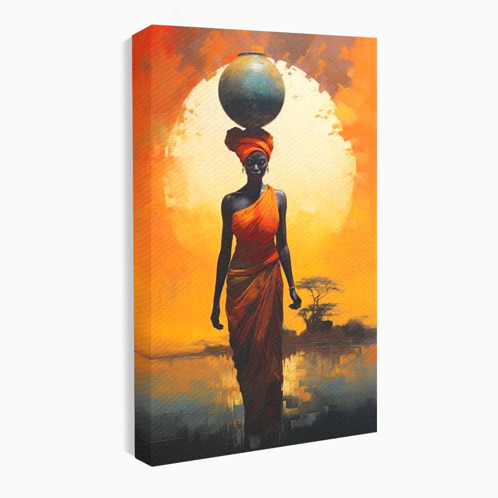 Leinwandbilder Premium LuxCanva® G1064, Unter der afrikanischen Sonne, Anmut, Stärke, Straße, Sonnenuntergang, Silhouette, Kraft, Frau, Orange, Wohnen, Schlafzimmer