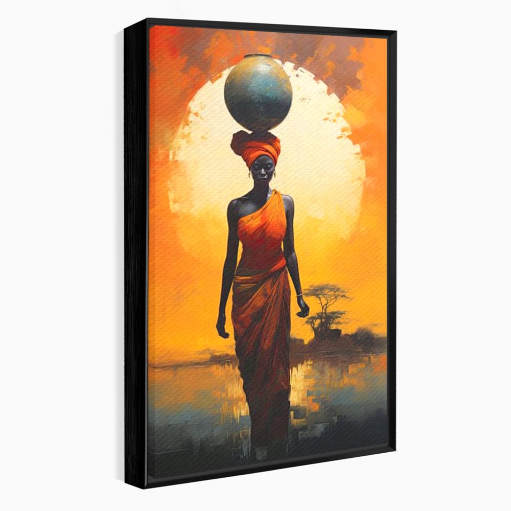 Leinwandbilder Premium LuxCanva® G1064, Unter der afrikanischen Sonne, Anmut, Stärke, Straße, Sonnenuntergang, Silhouette, Kraft, Frau, Orange, Wohnen, Schlafzimmer