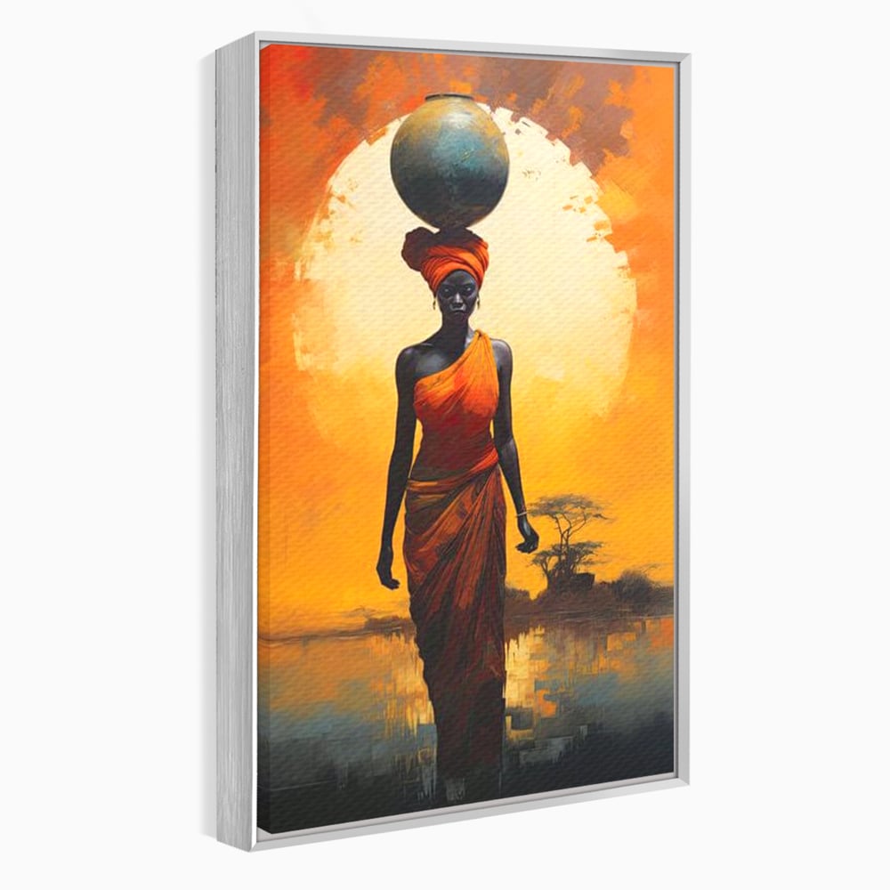 Leinwandbilder Premium LuxCanva® G1064, Unter der afrikanischen Sonne, Anmut, Stärke, Straße, Sonnenuntergang, Silhouette, Kraft, Frau, Orange, Wohnen, Schlafzimmer